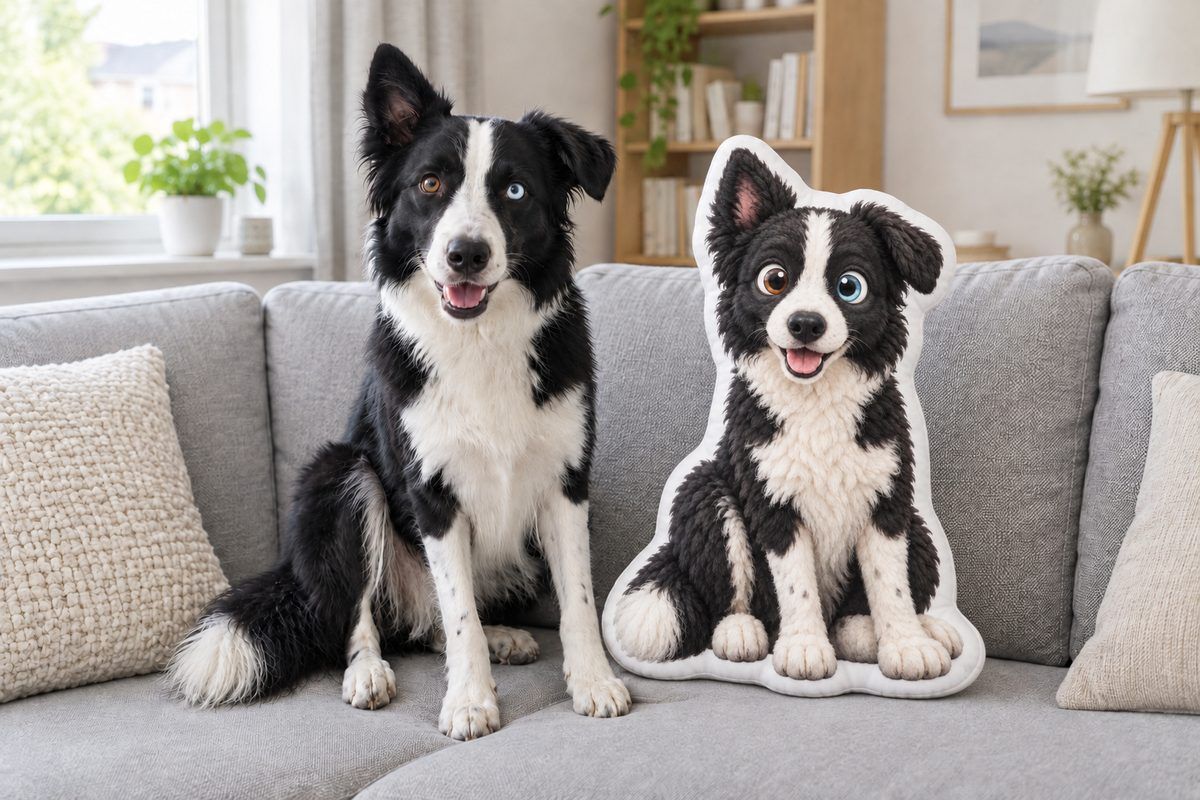 Border Collie auf dem Sofa neben seinem Kissen als Cartoon